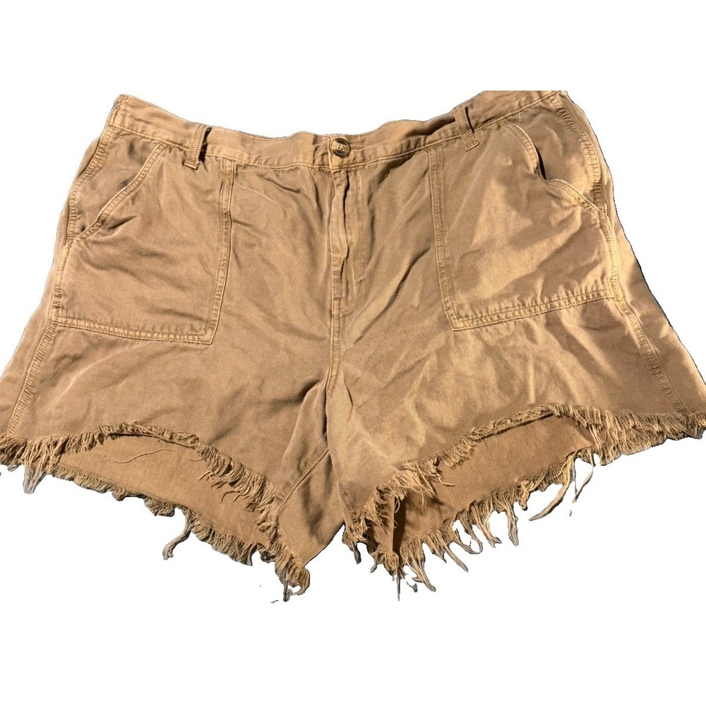 Aerie Shorts Womens XXL Tan Khaki Linen Blend High Rise Frayed Hem Utility
